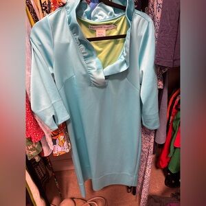 Gretchen Scott Light Blue Ruffle neck Dress